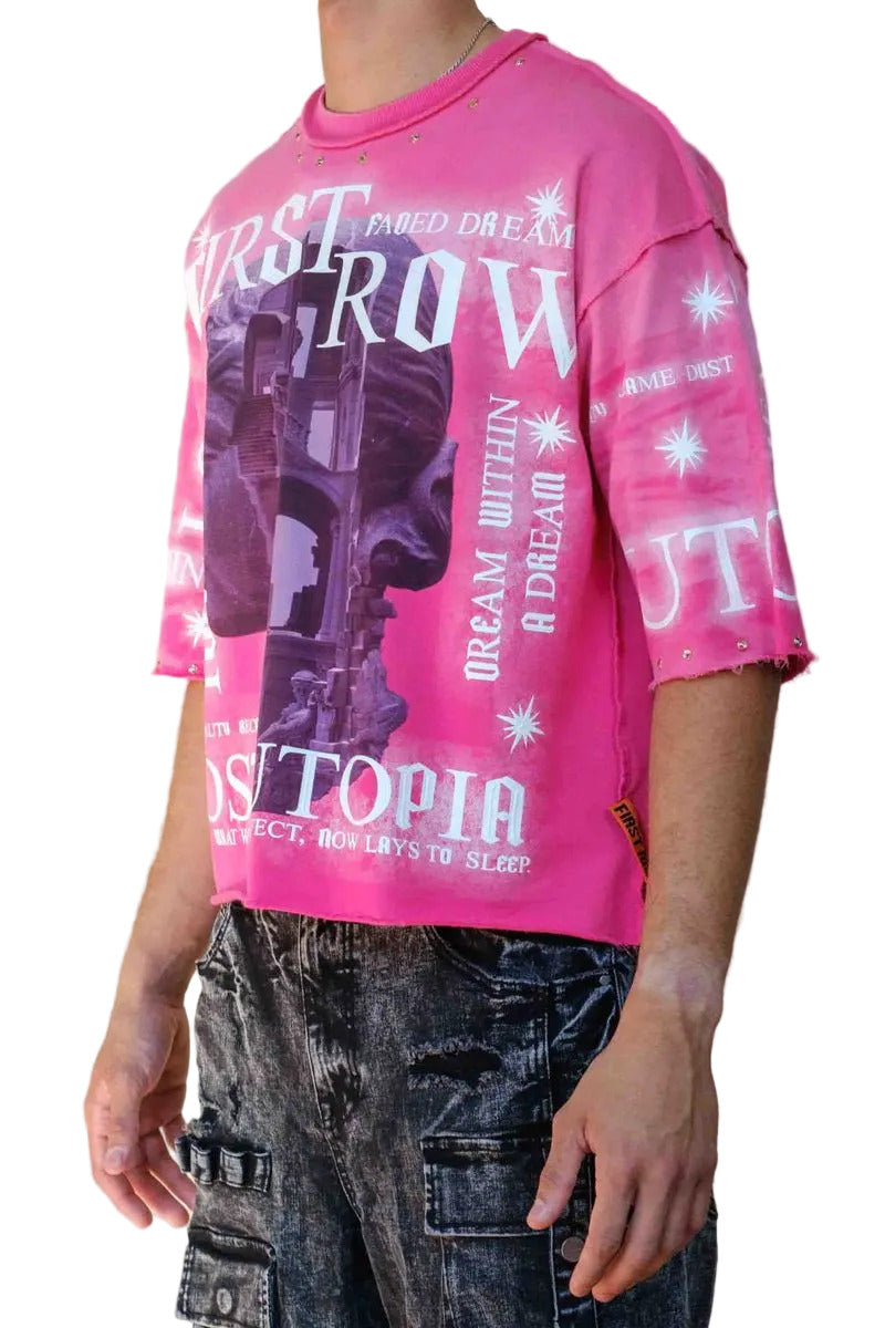 First Row FR Cropped Tee in pink mini terry fabric with rubber welding and stud detailing, raw edge hem, and ribbed neck