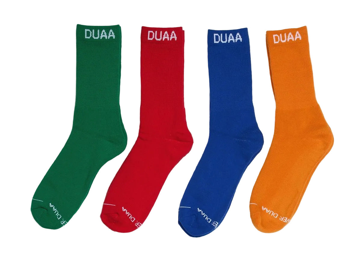 DUAA Optical Socks 4-pack featuring multi-color crew socks with cushioned soles, reinforced heel and toe, and white DUAA Forever logo branding.