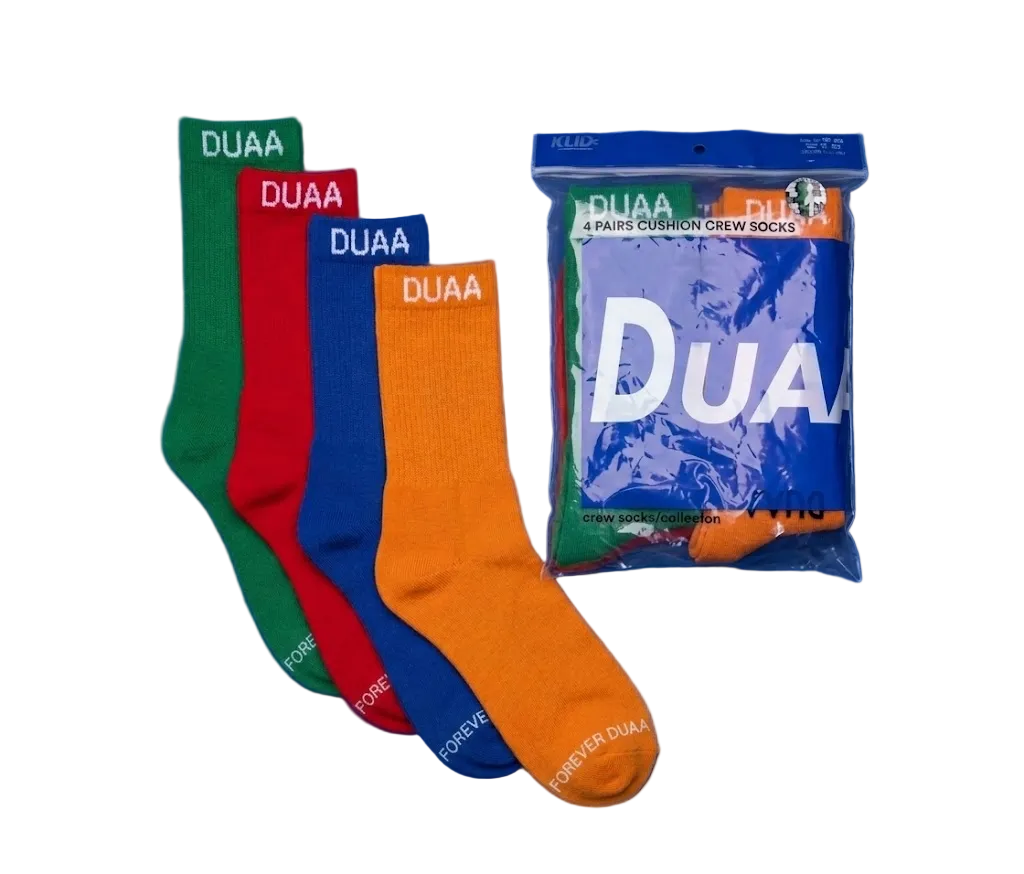 DUAA Optical Socks 4-pack featuring multi-color crew socks with cushioned soles, reinforced heel and toe, and white DUAA Forever logo branding.