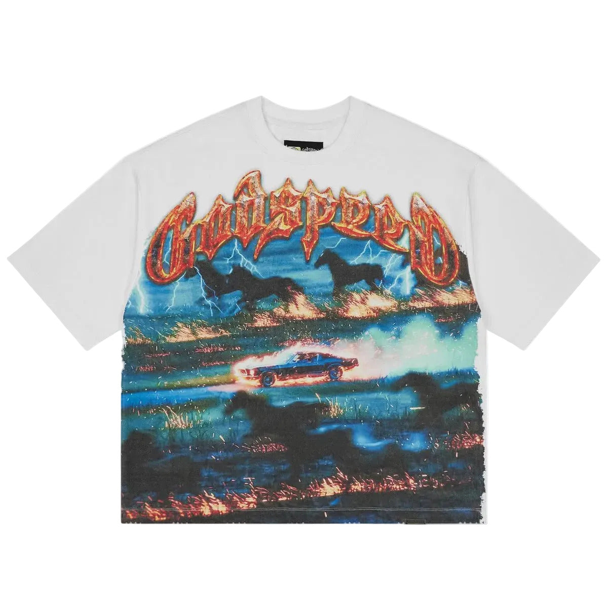Godspeed GS Horsepower T-shirt in white featuring exclusive graphic artwork, stone crown embellishments, and premium washed cotton construction.