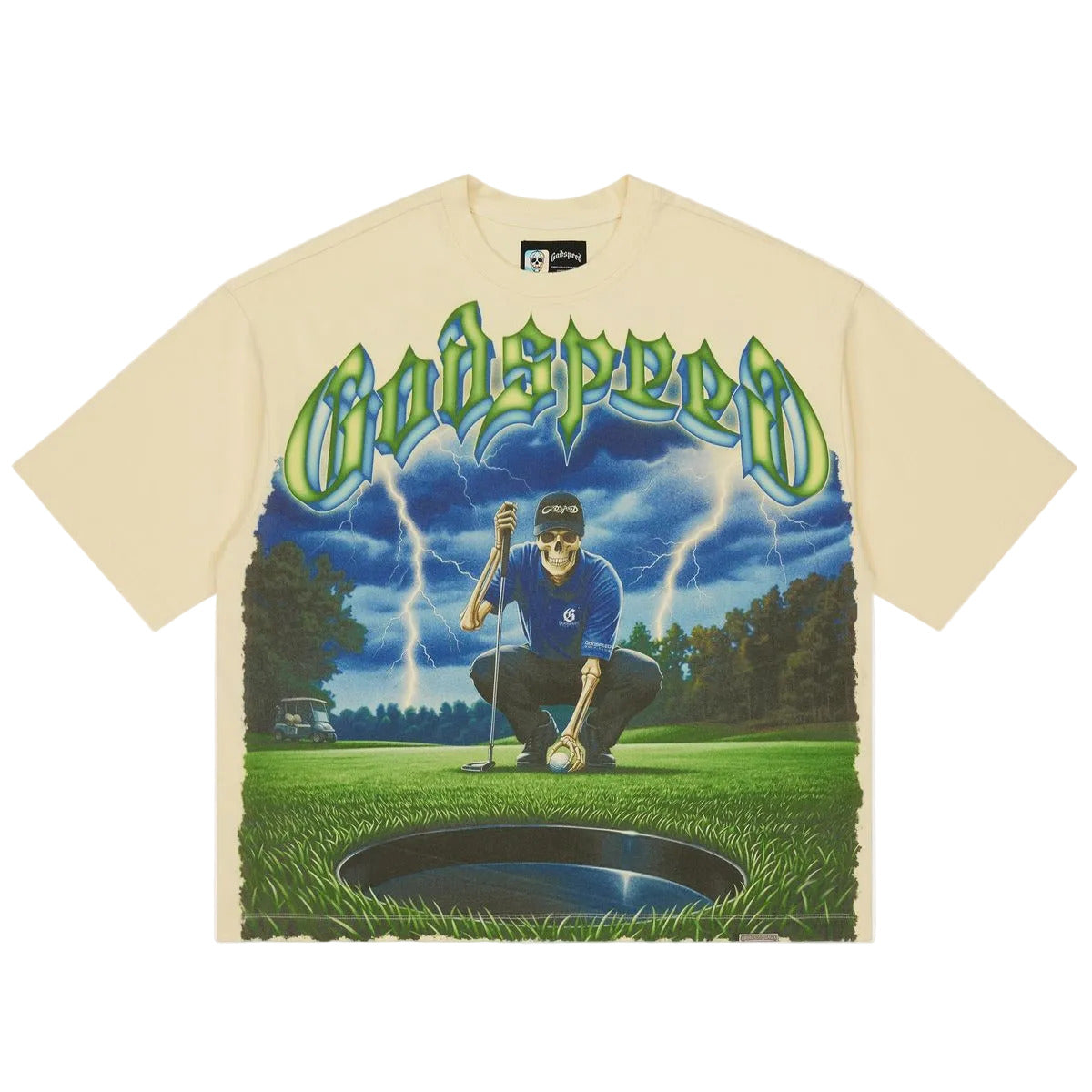 Godspeed No Mulligans Bone T-shirt from the Rarity Collection, crafted from 10oz mid-weight washed fabric with a striking art piece and stones around the crown.