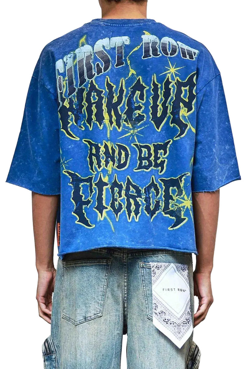 First Row FR Cropped Tee in royal with 3/4 sleeves, flock and rhinestone detailing, raw-edge hem, and ribbed neck