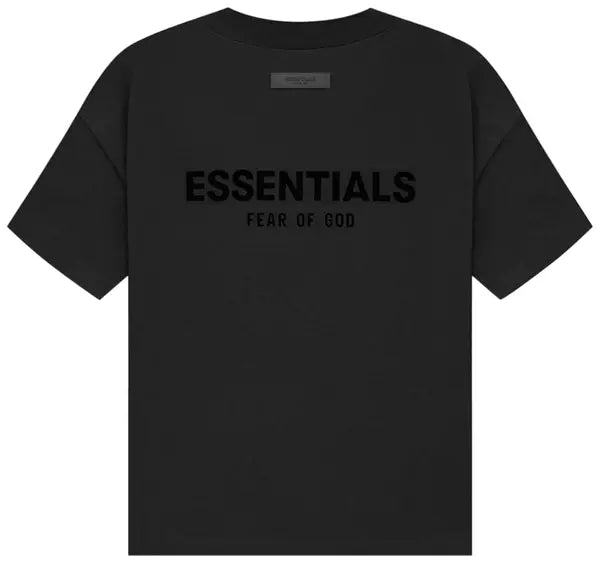 Fear of God Essentials black T-shirt in Stretch Limo colorway featuring subtle front branding and oversized fit.