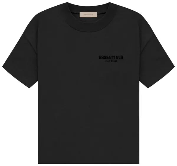 Fear of God Essentials black T-shirt in Stretch Limo colorway featuring subtle front branding and oversized fit.