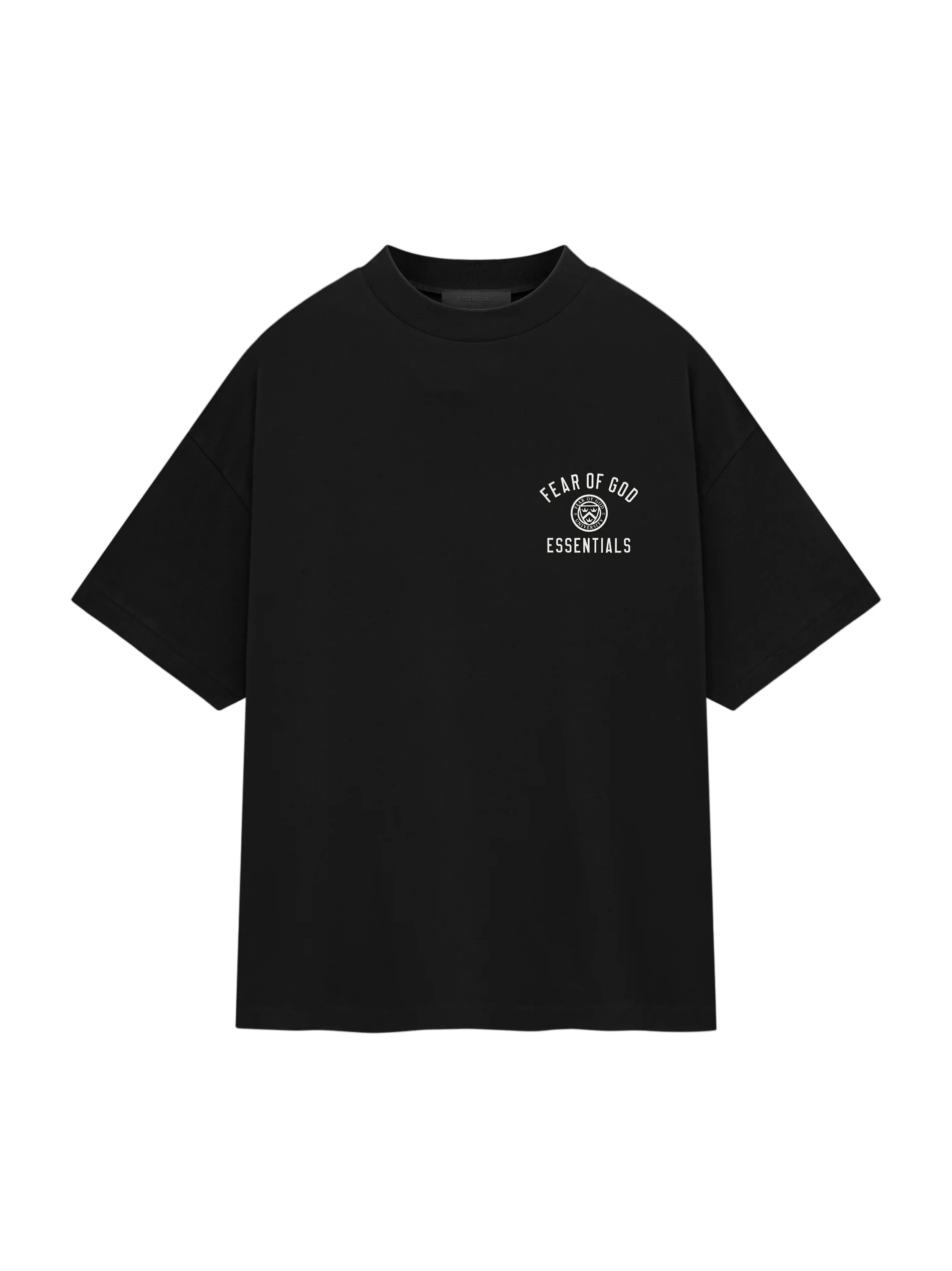 The Essentials Tee is made from core 100% cotton jersey. The rib-knit crewneck tee fits relaxed in the body with dropped shoulders. A collegiate inspired "Fear of God Essentials" logo with University crest is printed on the chest. An Essentials Fear of God rubberized label is at the back collar.