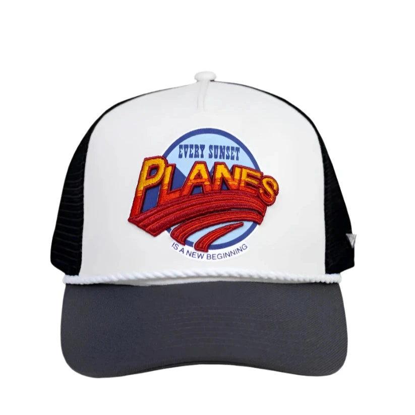 “Planes Sunset Trucker Hat with 3D embroidered logo and rope detail in polyester”
