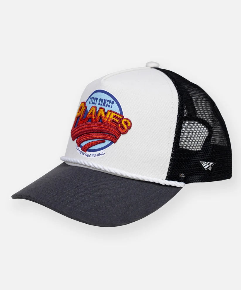 “Planes Sunset Trucker Hat with 3D embroidered logo and rope detail in polyester”