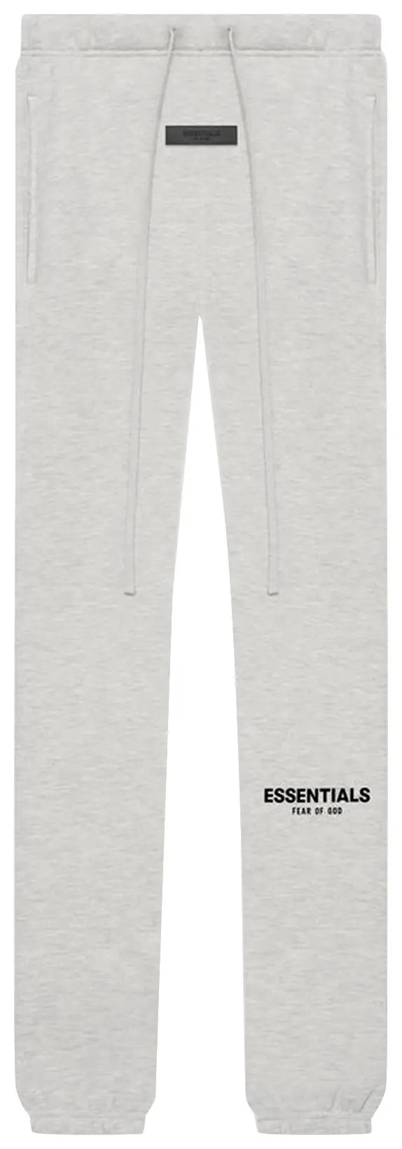 Fear of God Essentials Light Oatmeal Sweatpants SS22 with slim-leg fit, logo print, and rubberized patch