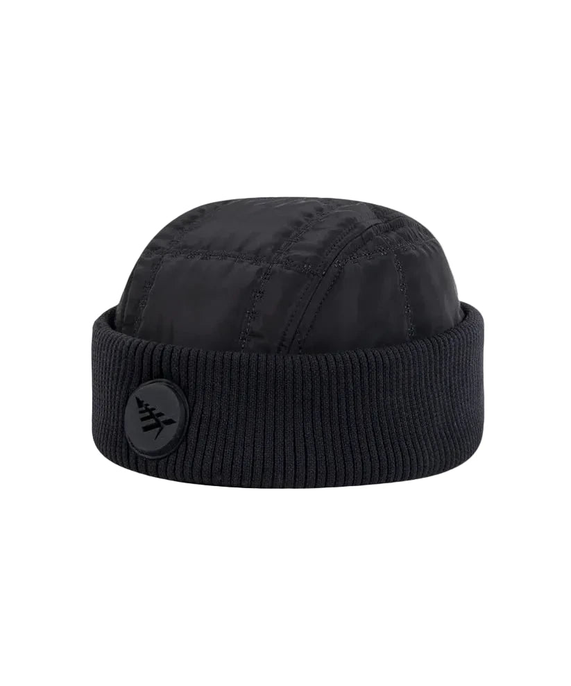 Paper Plane black quilted polyester beanie with rolled rib cuff and debossed silicone patch, final sale item.