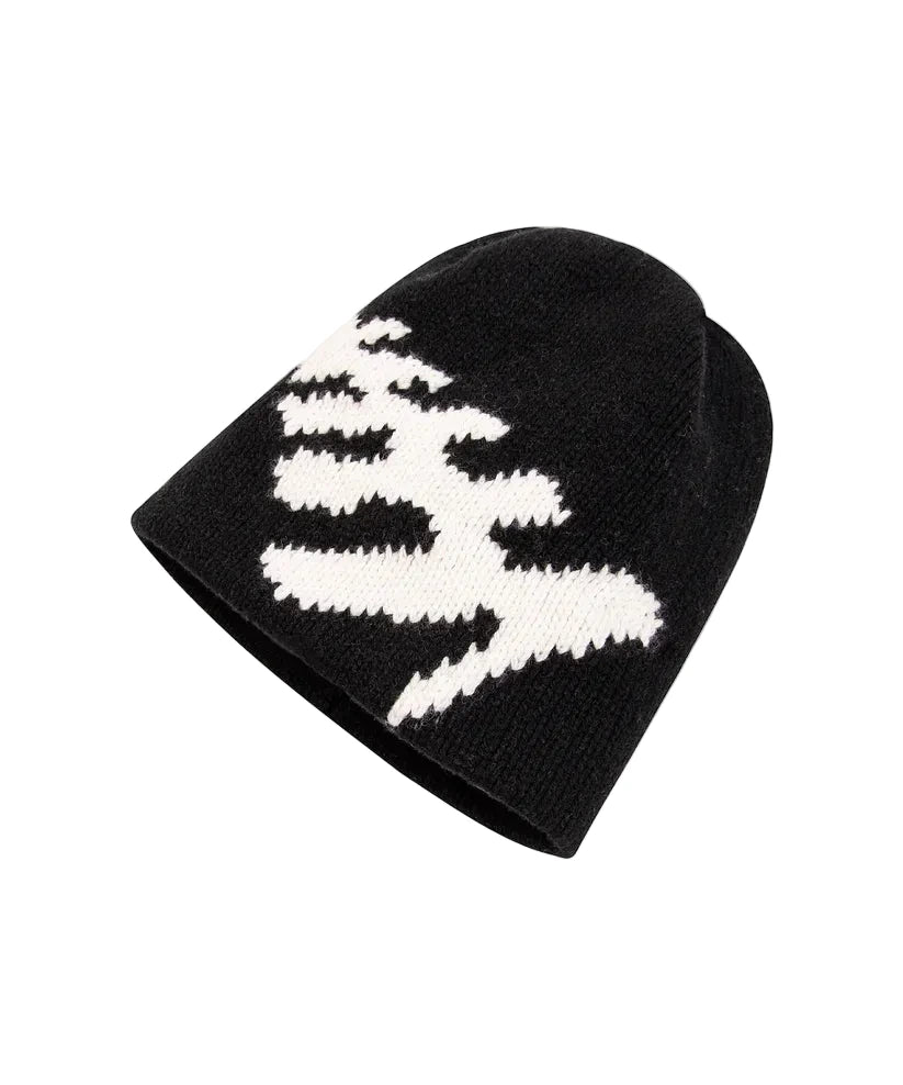 Paper Plane black merino wool and recycled nylon blend beanie with jacquard flag logo, final sale item.