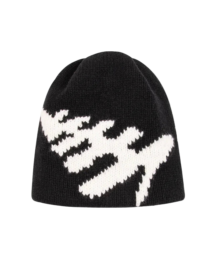 Paper Plane black merino wool and recycled nylon blend beanie with jacquard flag logo, final sale item.