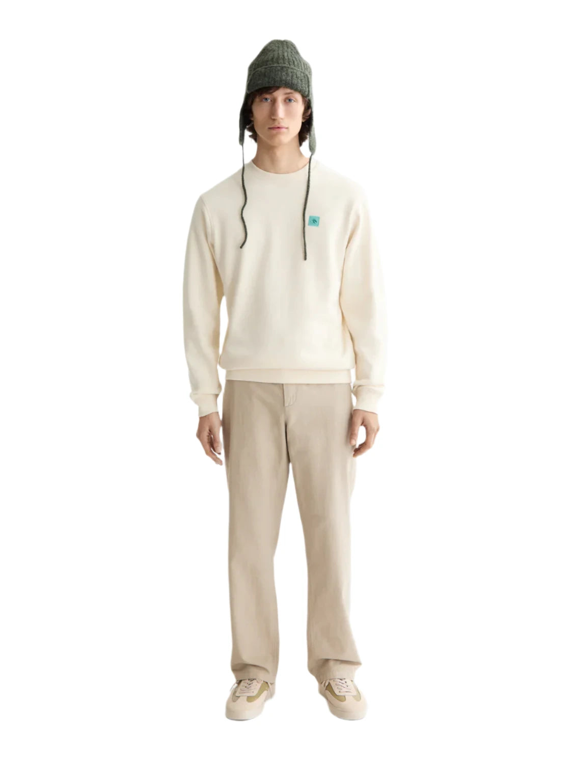 Scotch & Soda regular fit sweatshirt in neutral tone with minimalist chest logo laid flat