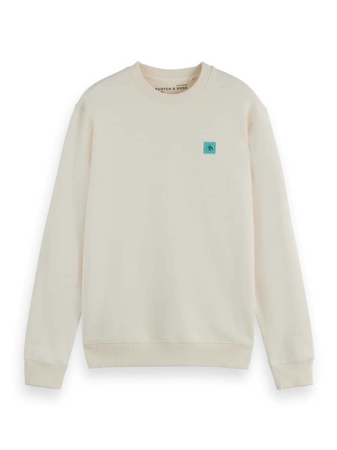 Scotch & Soda regular fit sweatshirt in neutral tone with minimalist chest logo laid flat