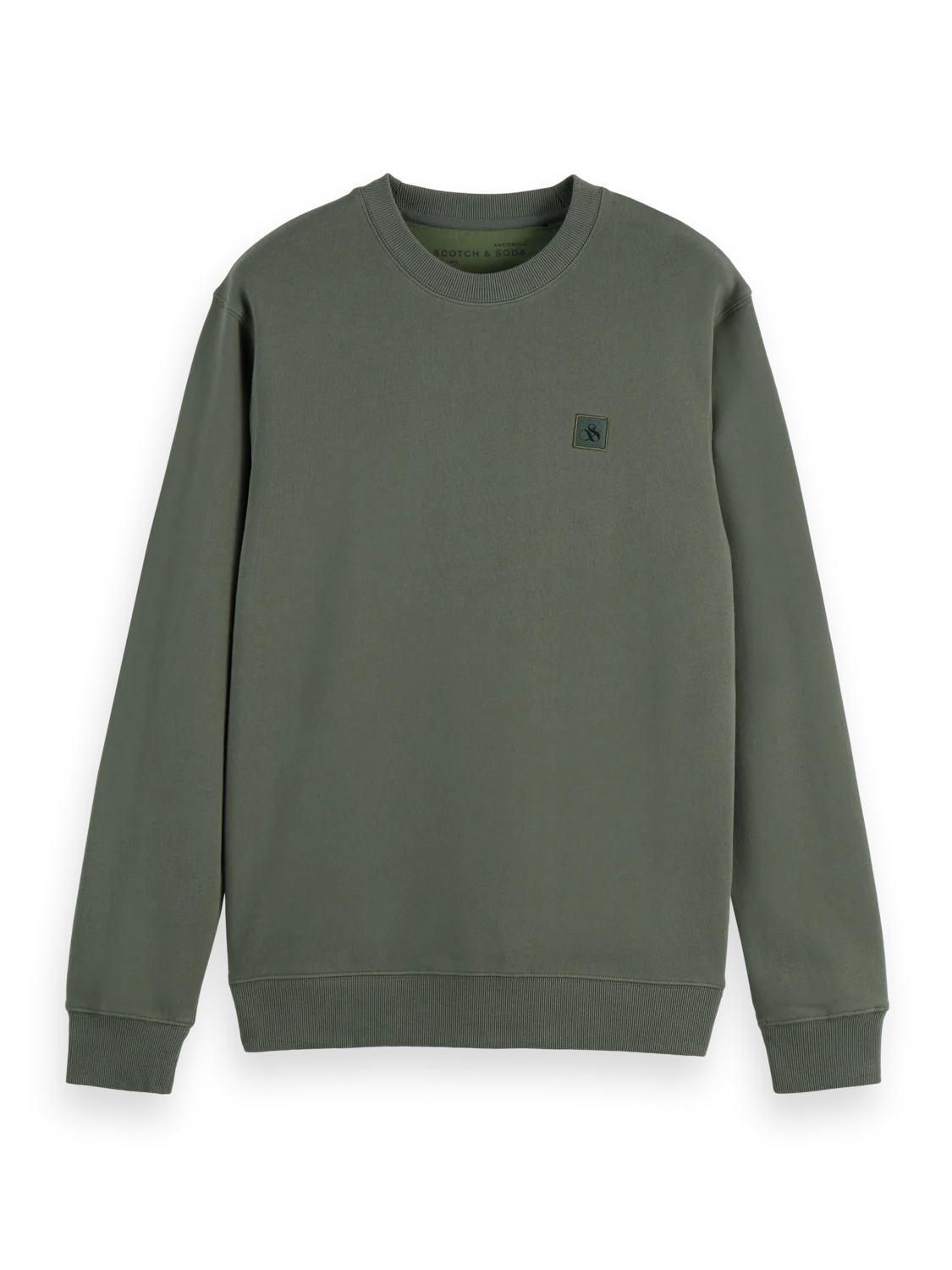 Scotch & Soda regular fit sweatshirt in neutral tone with minimalist chest logo laid flat