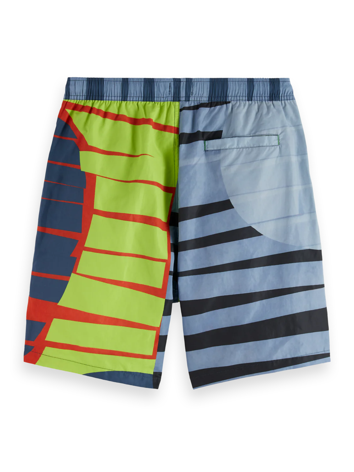 “Mid-length swim shorts with bold print and adjustable drawstring waistband”