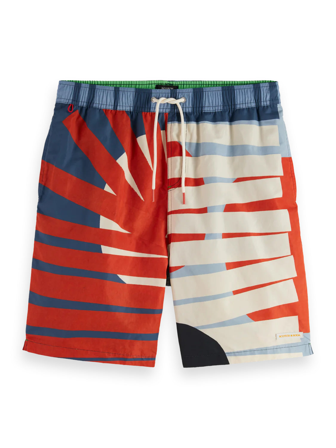 “Mid-length swim shorts with bold print and adjustable drawstring waistband”