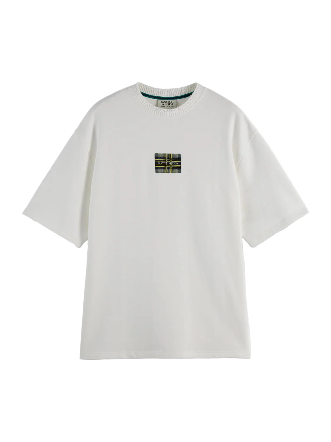 Scotch & Soda bright white loose-fit t-shirt with intricate label detailing and relaxed silhouette