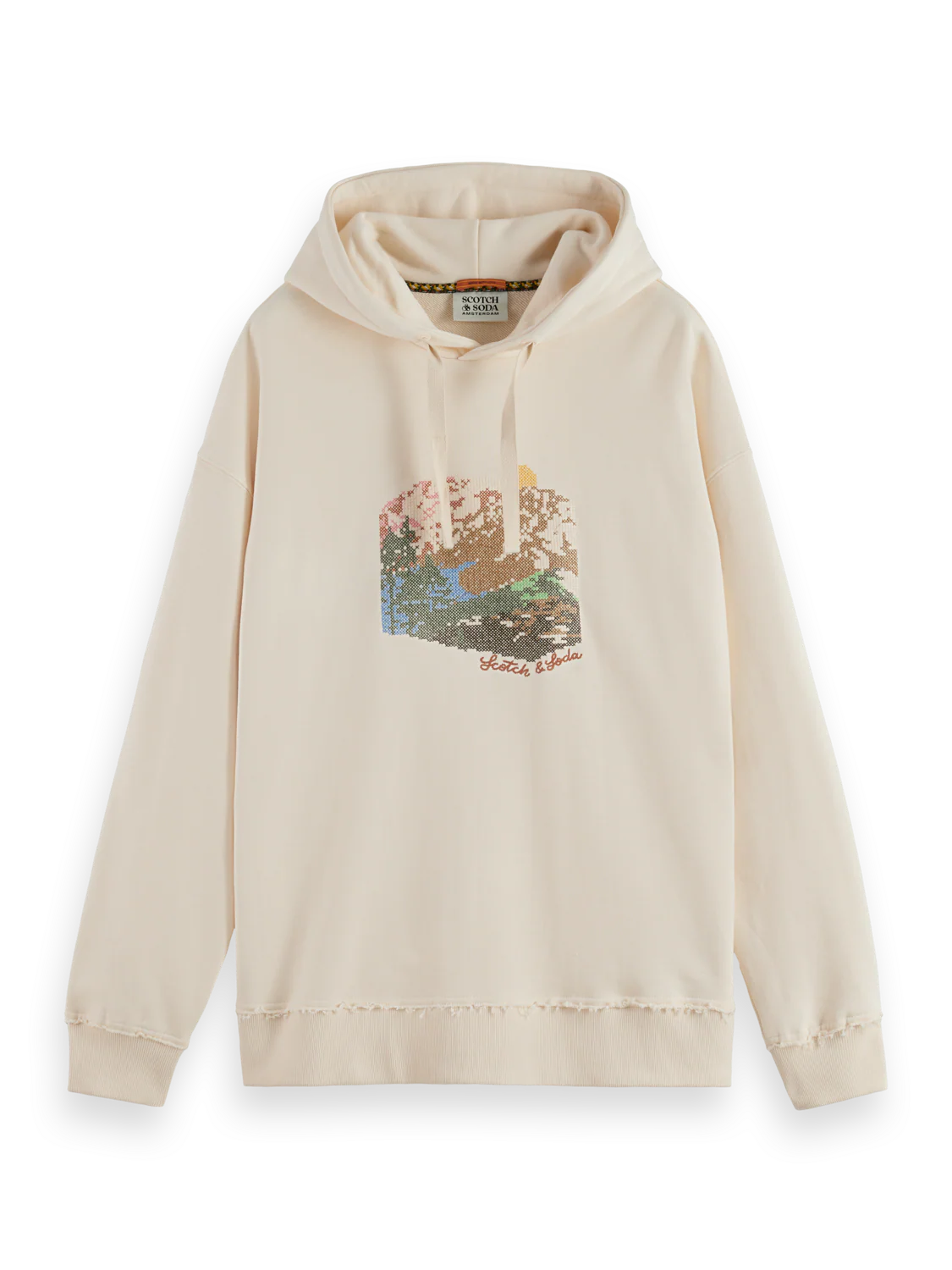 Scotch & Soda loose-fit hoodie with bold embroidered artwork and relaxed silhouette