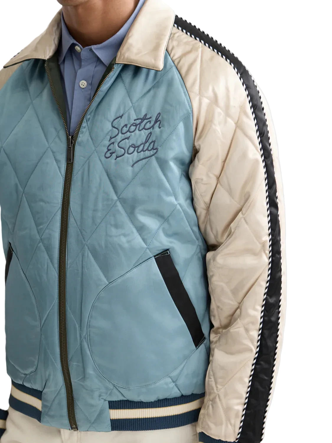 Scotch & Soda 40th Anniversary reversible souvenir bomber jacket with embroidered artwork.