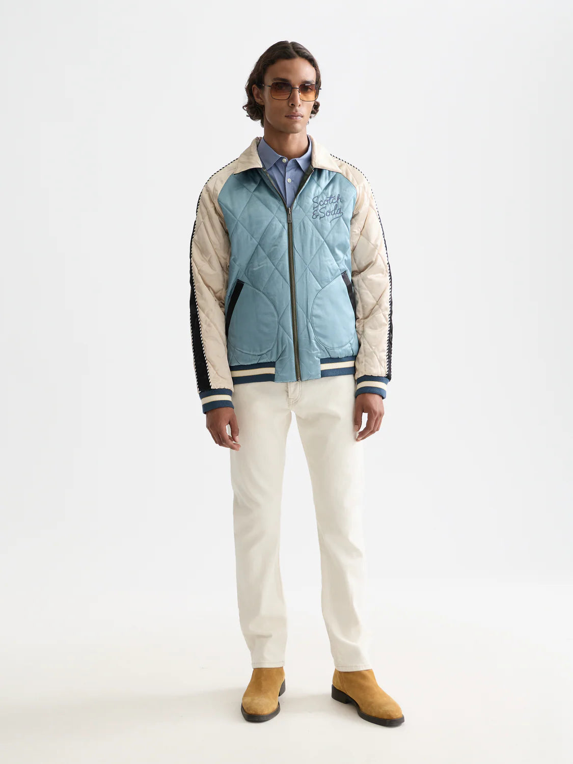 Scotch & Soda 40th Anniversary reversible souvenir bomber jacket with embroidered artwork.