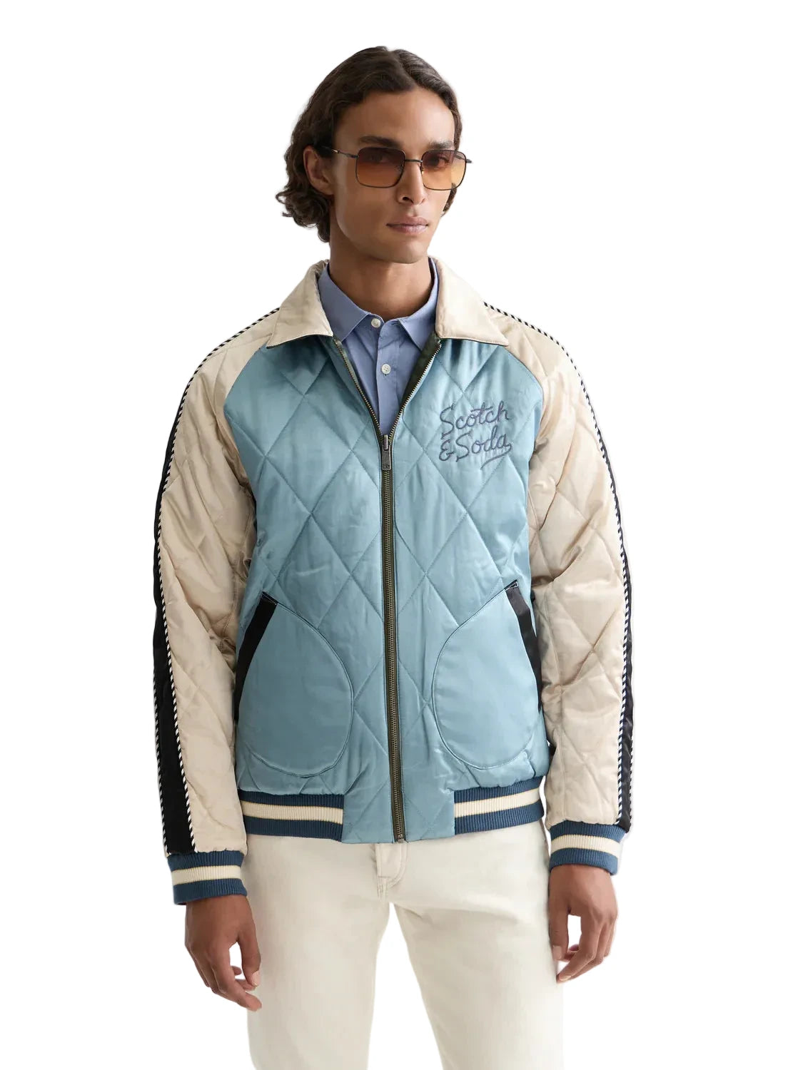 Scotch & Soda 40th Anniversary reversible souvenir bomber jacket with embroidered artwork.