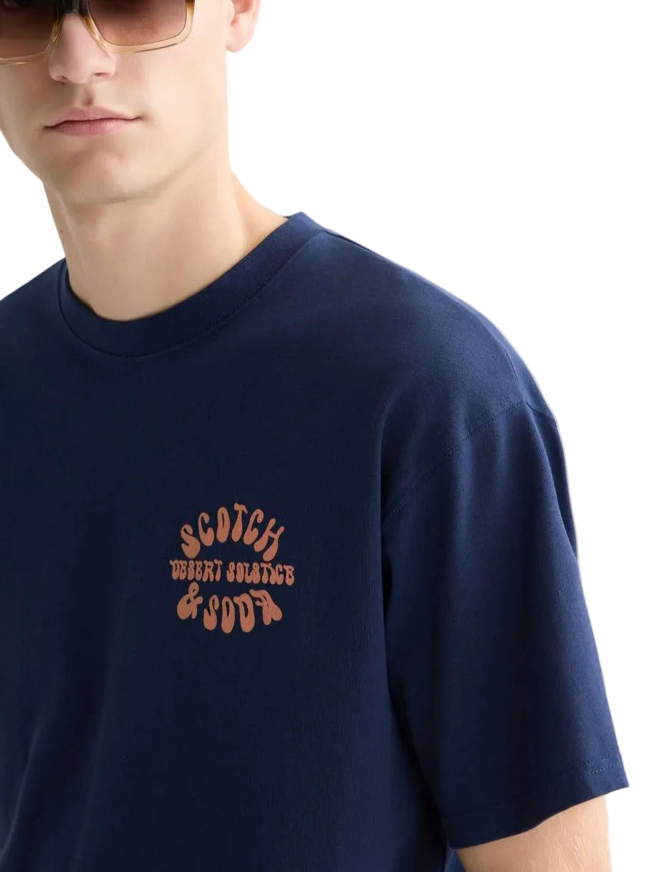 Scotch and Soda blue printed T-shirt with crew neck, short sleeves, and roomy regular fit