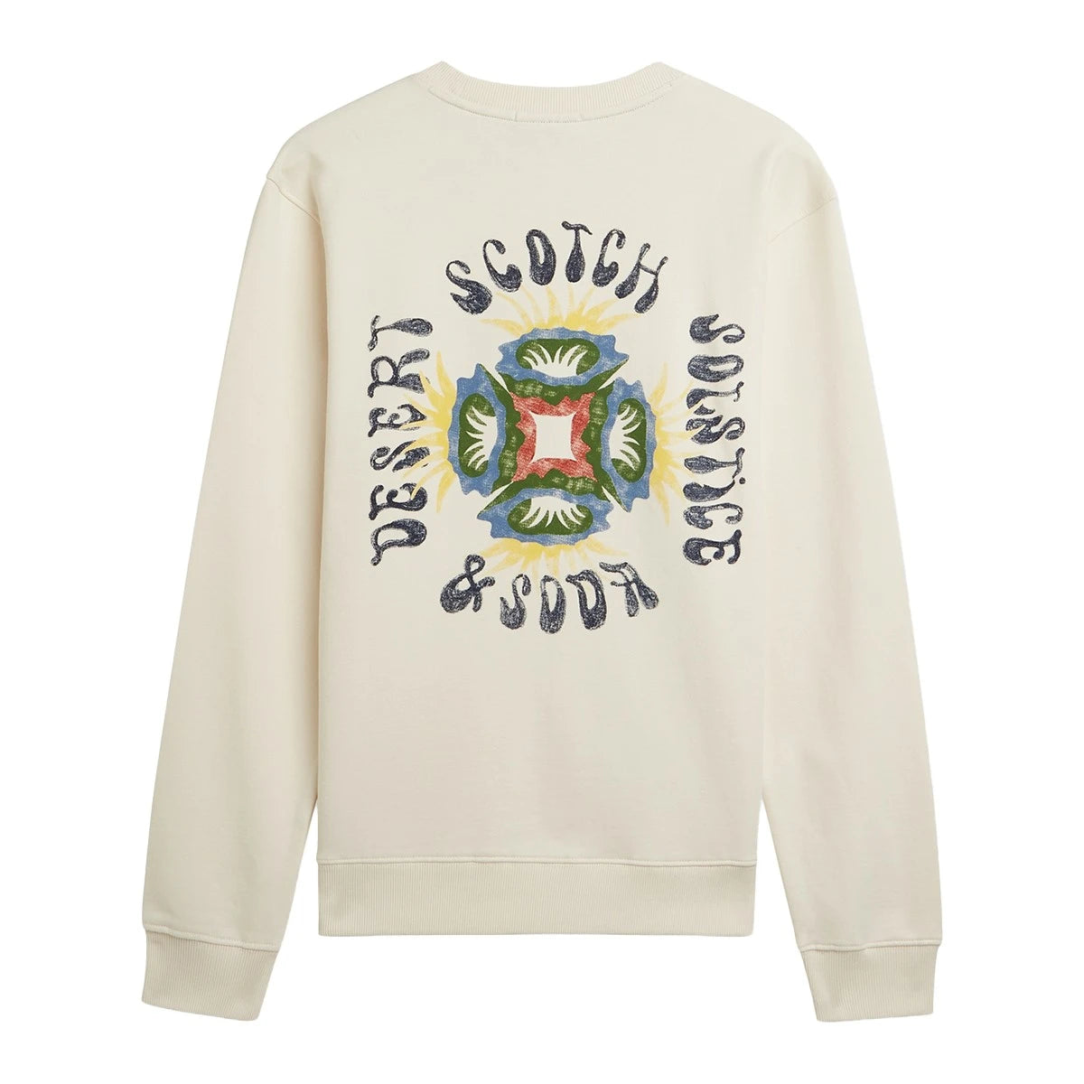Scotch & Soda off-white sweater with subtle chest print, crew neck, ribbed trims, and minimalist design