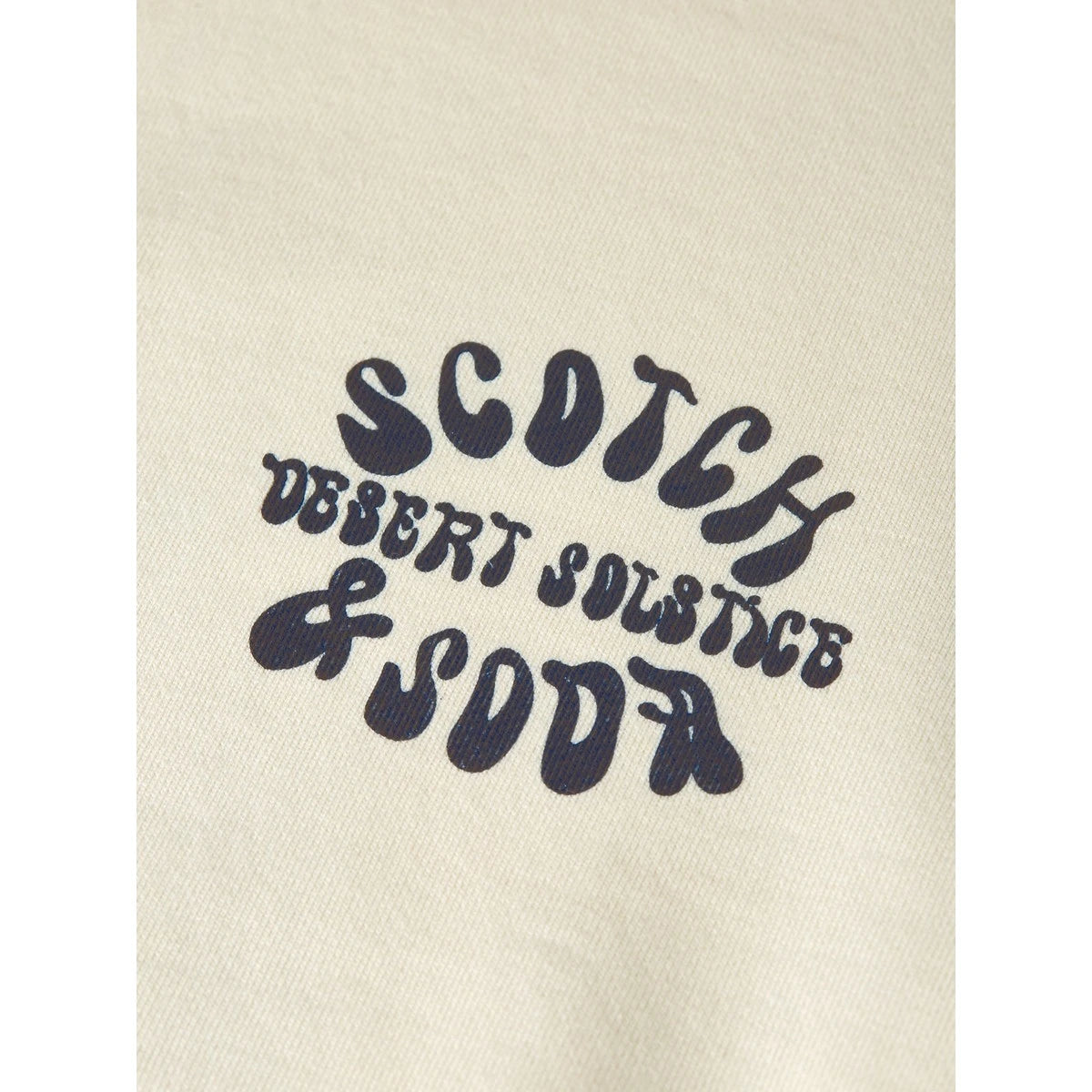 Scotch & Soda off-white sweater with subtle chest print, crew neck, ribbed trims, and minimalist design