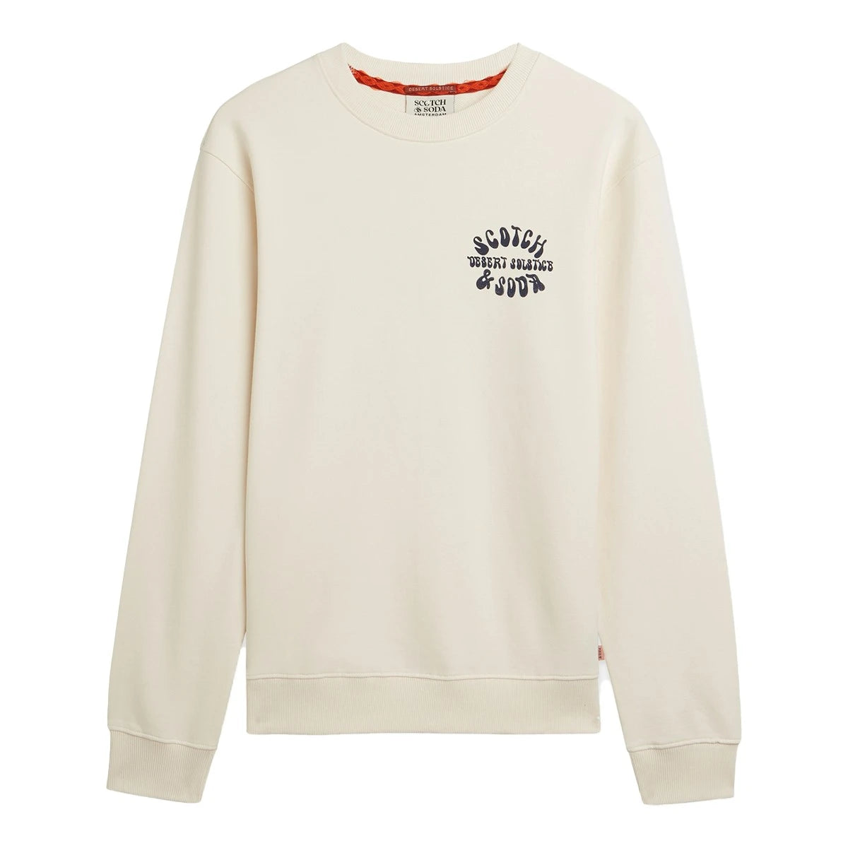 Scotch & Soda off-white sweater with subtle chest print, crew neck, ribbed trims, and minimalist design