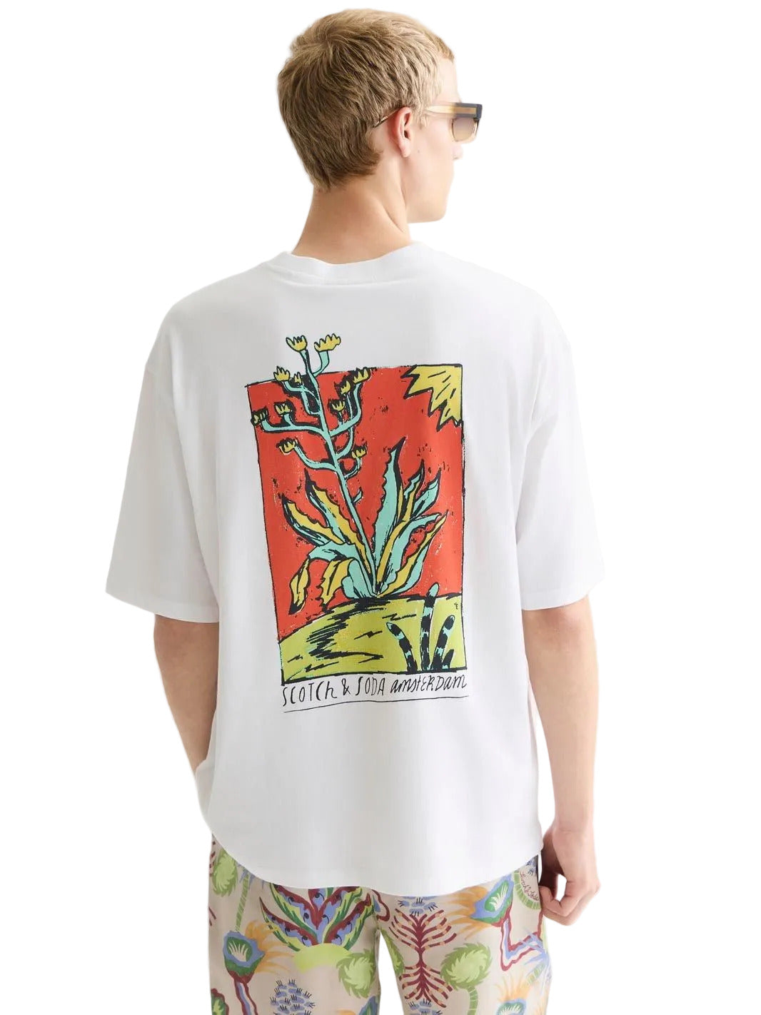 Scotch and Soda white T-shirt with printed design, crew neck, short sleeves, and relaxed regular fit