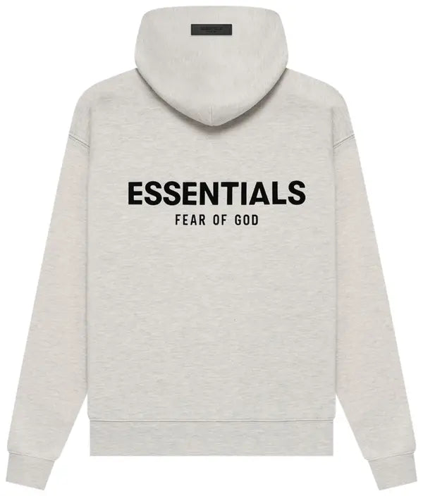 Fear of God Essentials grey hoodie with chest and back logo prints in cotton-rich fleeceback jersey.