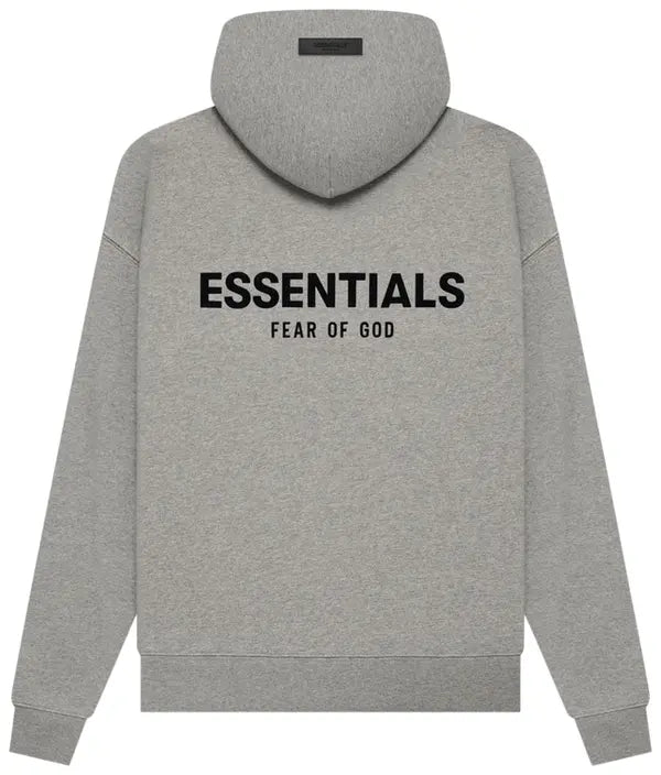 Fear of God Essentials Dark Oatmeal hoodie with front and back logo prints in cotton-blend fleece.
