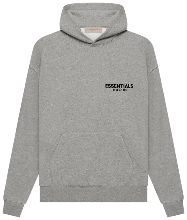 Fear of God Essentials Dark Oatmeal hoodie with front and back logo prints in cotton-blend fleece.