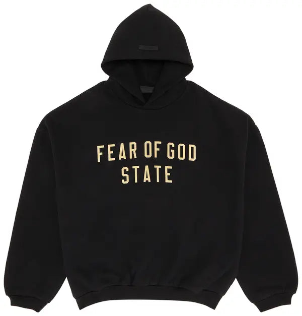 Essentials State Fleece Hoodie in Black with drawstring hood and kangaroo pocket