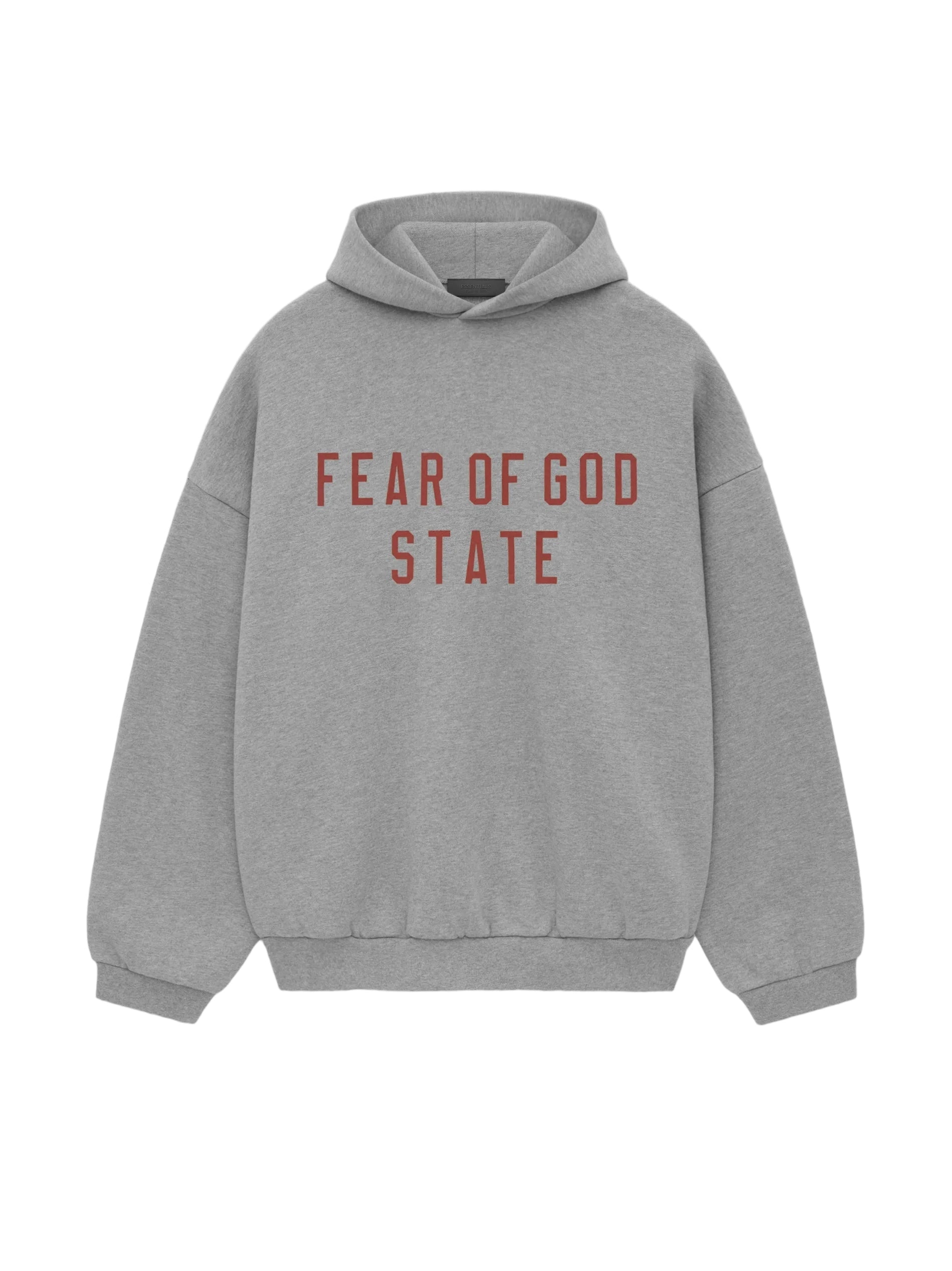 The Essentials Fleece Hoodie has been upgraded in a heavier 480gsm core fleece to provide additional body and structure. A collegiate-inspired "Fear of God State" graphic is screen printed on the front. Details include an overlapped neckline hoodie, rib-knit cuffs, waist-hem, and side pockets. The Essentials Fear of God rubberized label is at the back collar.