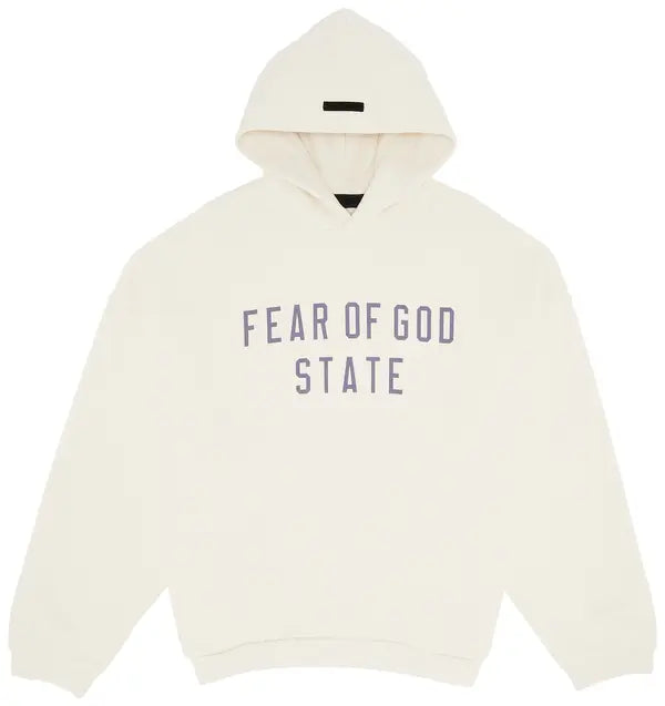 Essentials State Fleece Hoodie in shell color with logo detailing and relaxed fit.