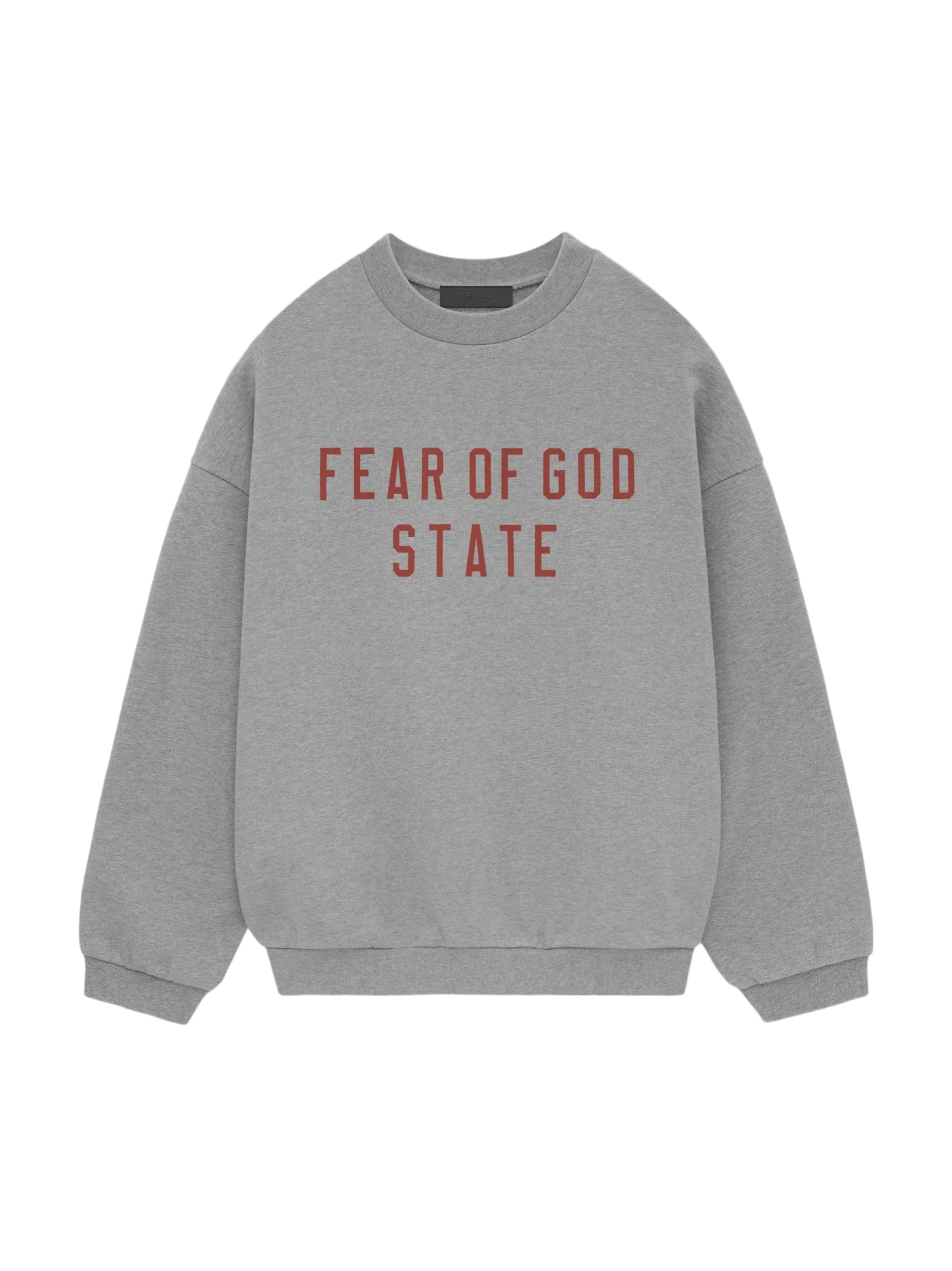 The Essentials Fleece Crewneck has been updated in a heavier 480gsm core fleece to provide additional body and structure. A collegiate-inspired "Fear of God State" graphic is screen printed on the front. Details include a rib-knit collar, cuffs, and waist-hem. The Essentials Fear of God rubberized label is at the back collar.