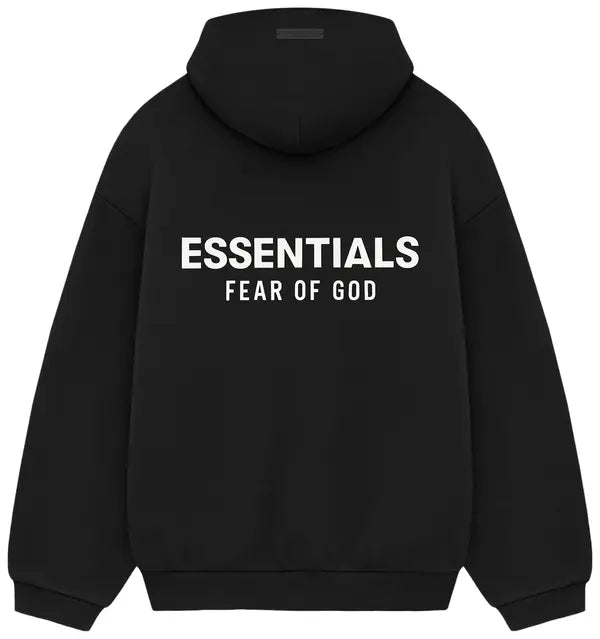 Fear of God Essentials Classic Hoodie in 380gsm core fleece with beveled back logo and kangaroo pocket.