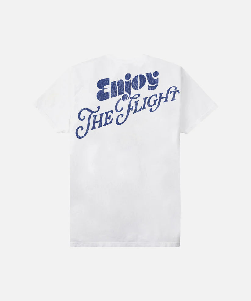 white in flight cocktail tee with screenprint graphics on front and back laid flat