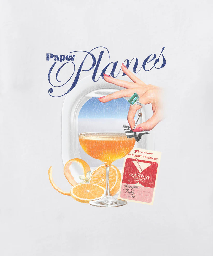 white in flight cocktail tee with screenprint graphics on front and back laid flat