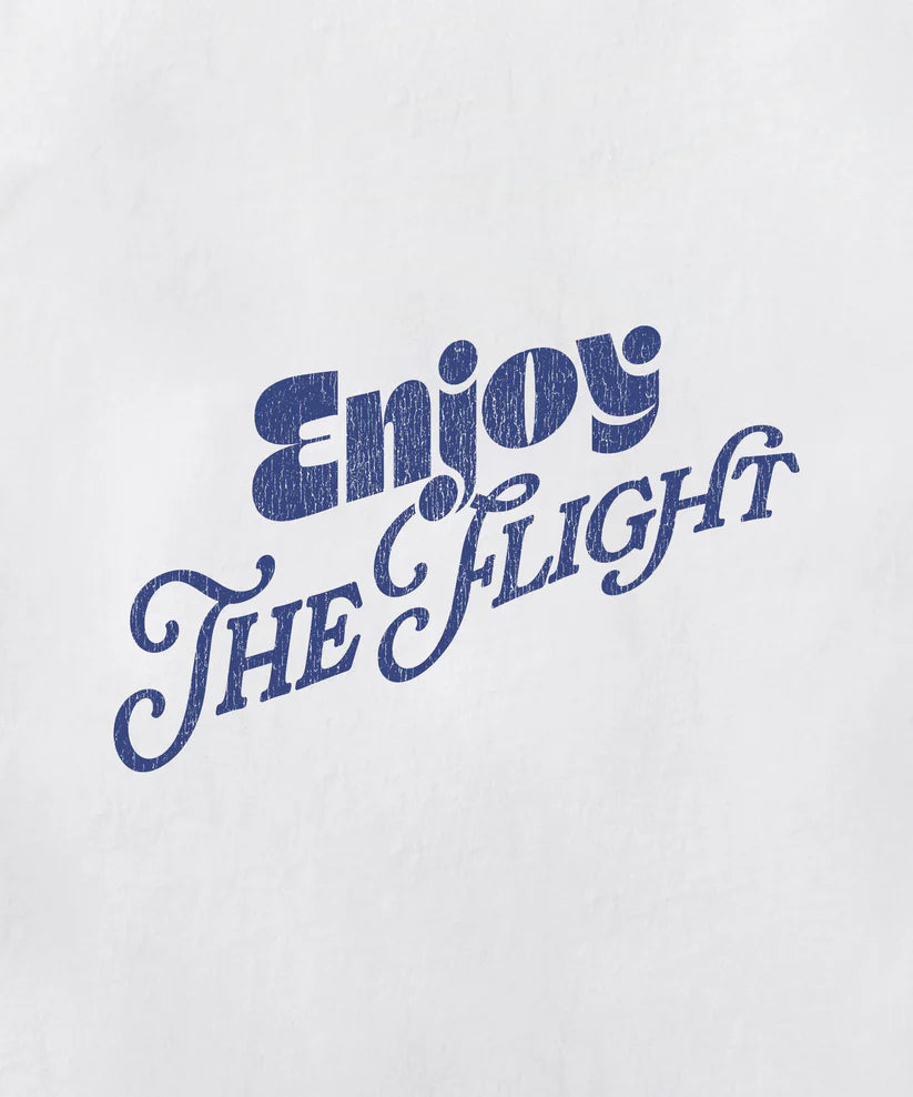 white in flight cocktail tee with screenprint graphics on front and back laid flat