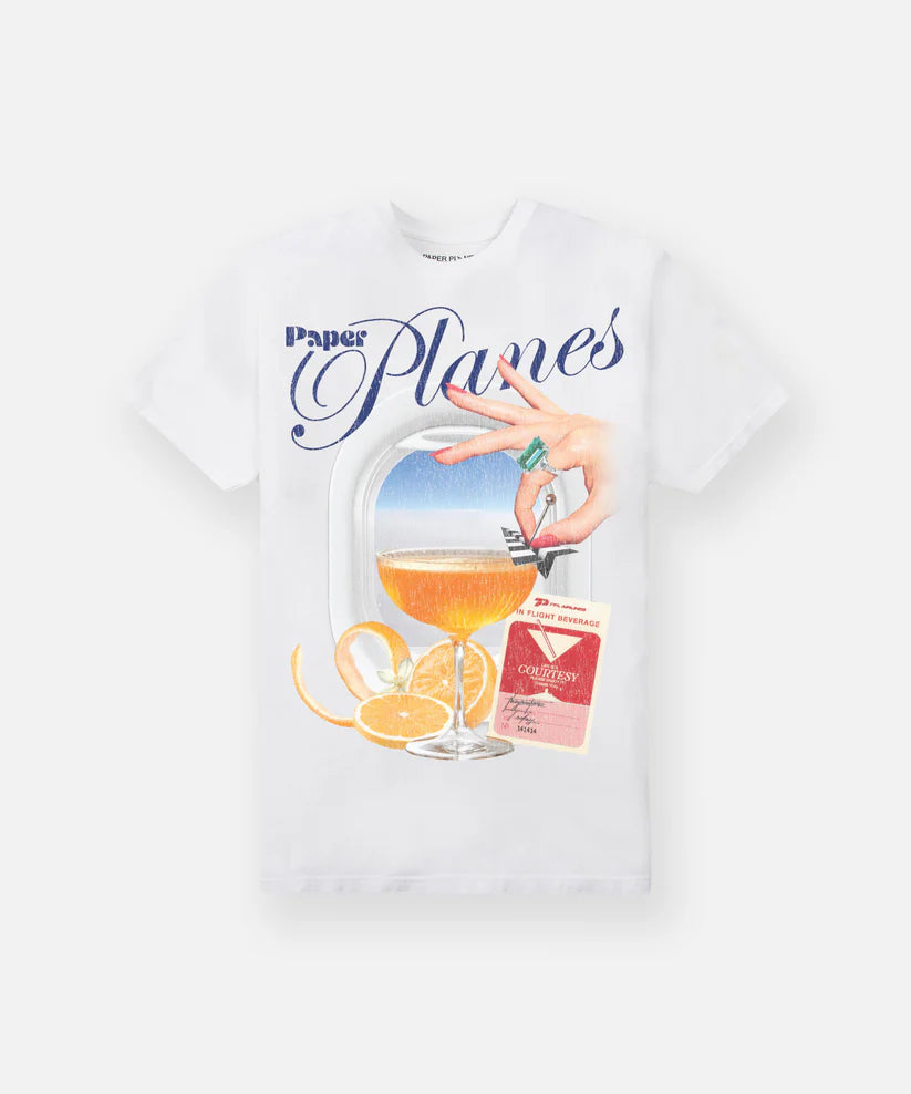 white in flight cocktail tee with screenprint graphics on front and back laid flat