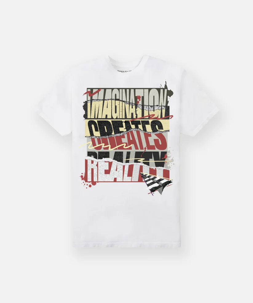 “White Imagination Creates Reality Tee with bold front screenprint graphic”
