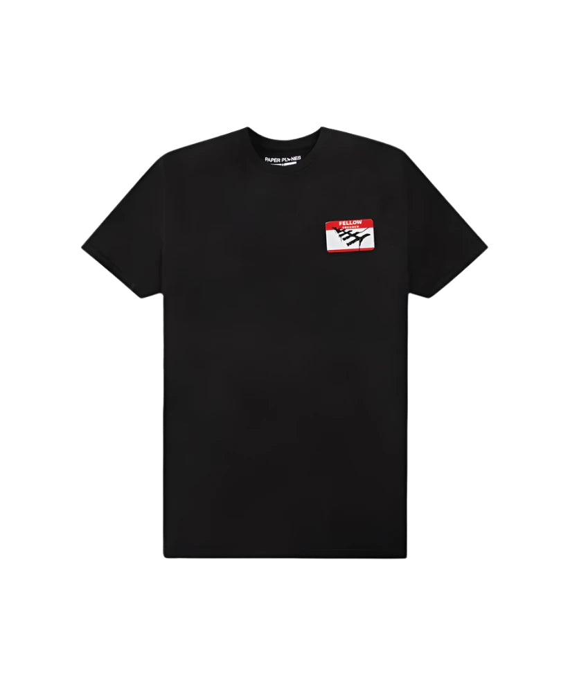 “Black Fellowship Tee with front and back screenprint graphic and ribbed neckline”