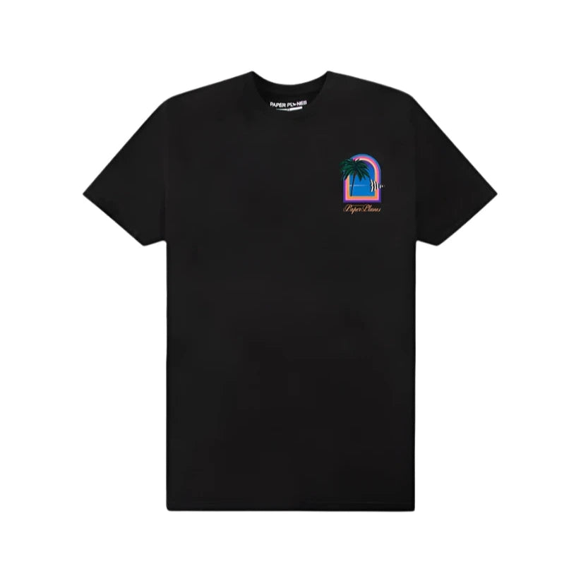 “Black Offline Tee with front and back screenprint graphic and ribbed neckline”