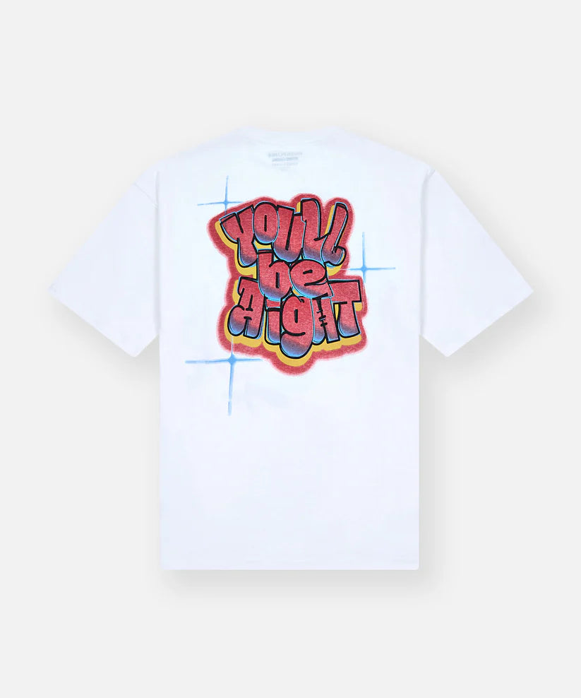 white aight oversized tee with bold screenprint graphics on front and back laid flat