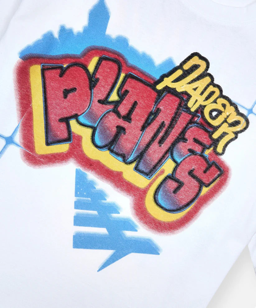 white aight oversized tee with bold screenprint graphics on front and back laid flat