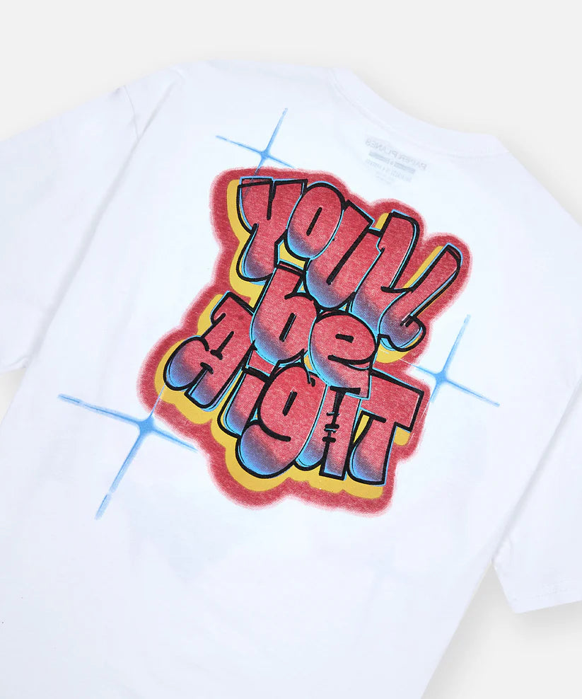 white aight oversized tee with bold screenprint graphics on front and back laid flat