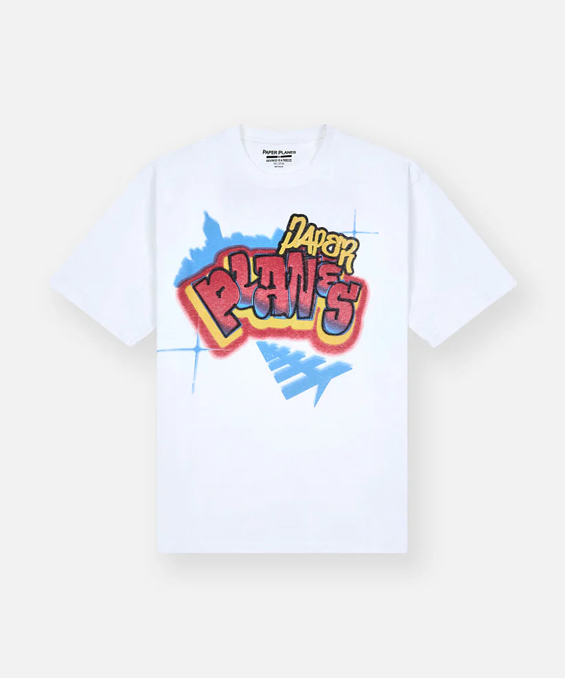 white aight oversized tee with bold screenprint graphics on front and back laid flat