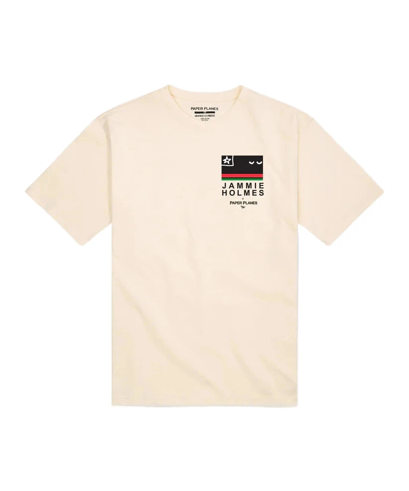 White Paper Planes Jammie Holmes x Planes Balance Tee featuring exclusive Jammie Holmes artwork on front.